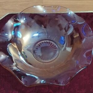 Vintage Iridescent Carnival Glass Bowl Ruffled Edge‎ Floral Design